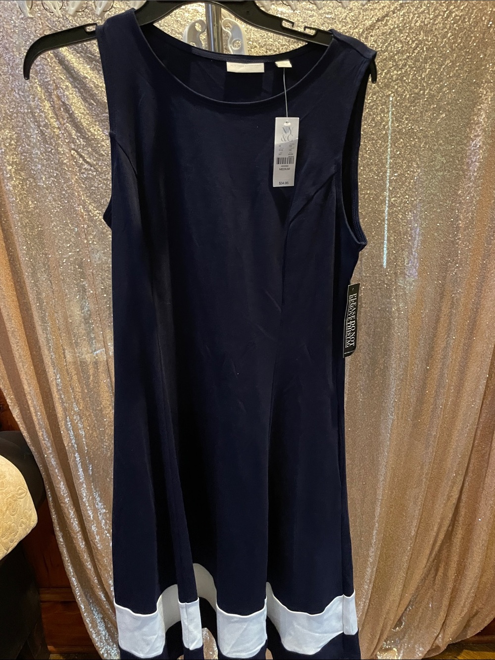 NY & Co Sleeveless Navy and White Hem A-Line Dress NWT